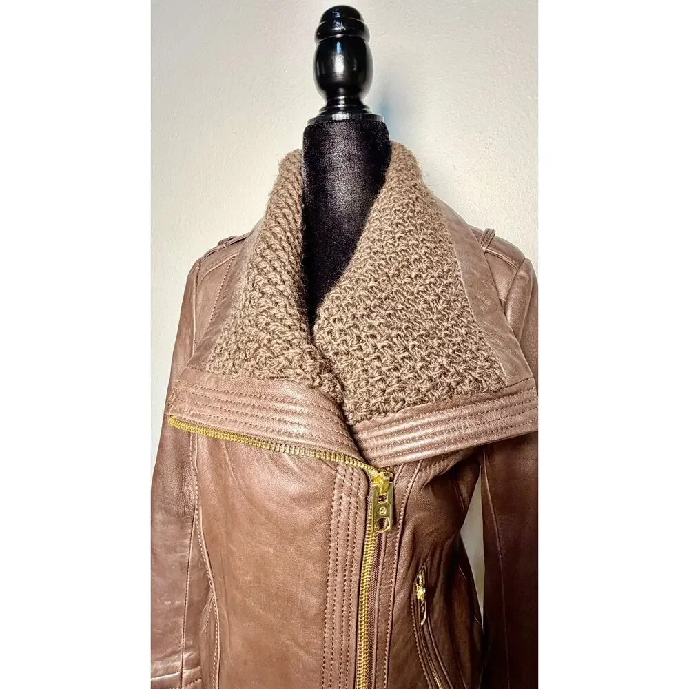 MK Michael Kors Brown Genuine Leather Moto Jacket Asymmetric Zip Knit Coll